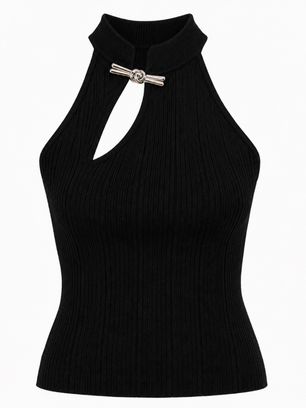 Black Ribbed Halter Top with Silver Knot Detail